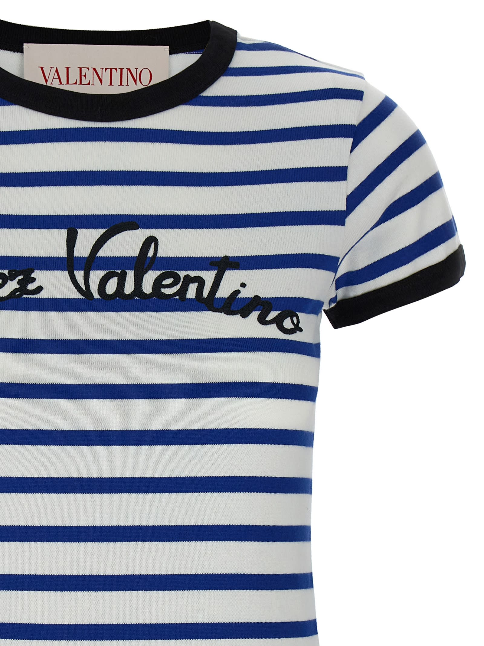 Valentino Womens Striped Embroidered Cotton-jersey T-shirt Avorio Blu In Blue