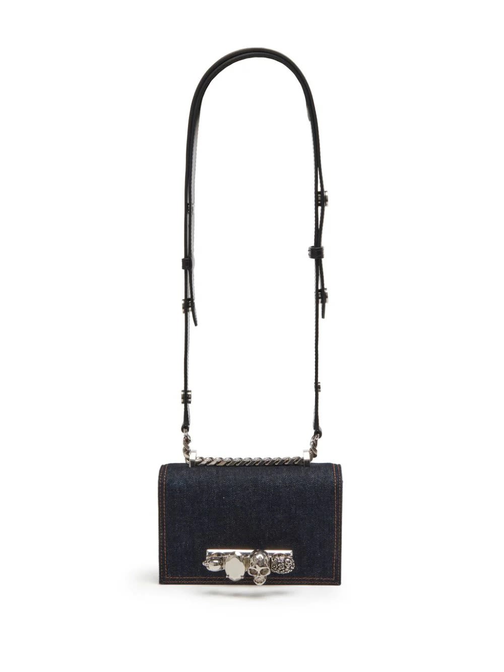 Shop Alexander Mcqueen Mini Biker Jewelled Satchel Bag In Denim In Denim Blue