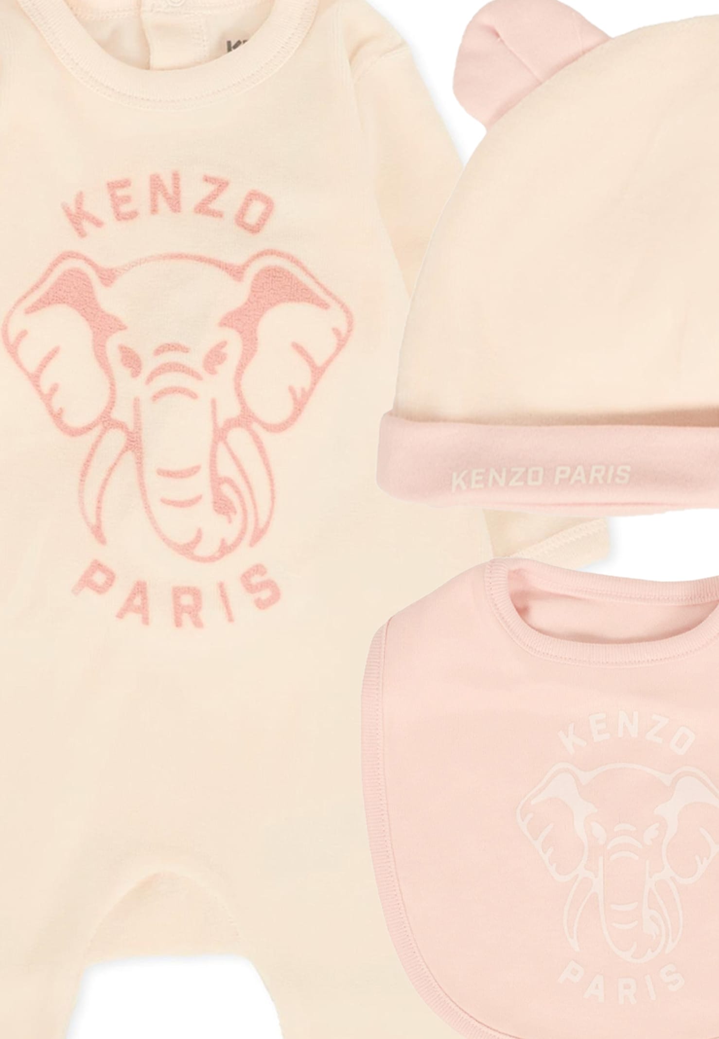 Kenzo Pink Babygrow Set For Baby Girl With Elephant In Neutral