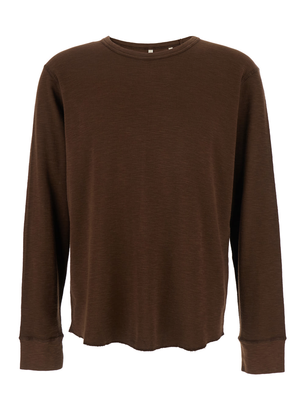 Brown Crewneck T-shirt With Long Sleeves And Fringed Hem In Cotton Man