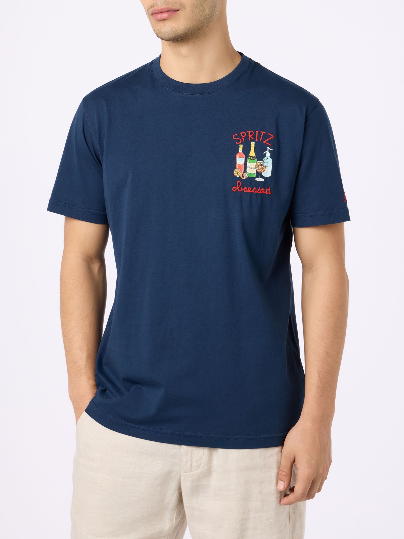 Mc2 Saint Barth Man Cotton T-shirt With Spritz Obsessed Embroidery In Blue