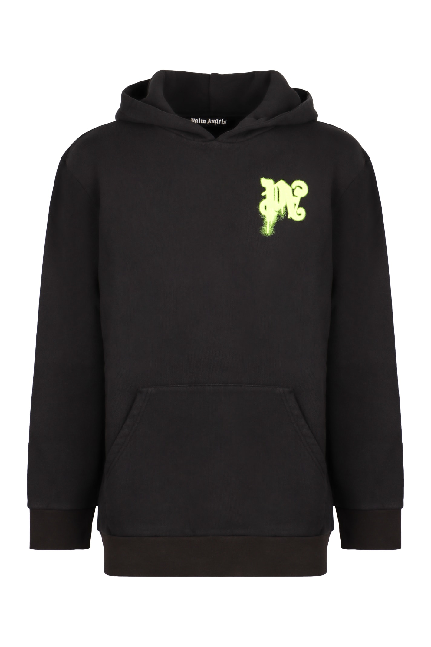 Shop Palm Angels Logo Cotton Hoodie In Black Yellow Fluo