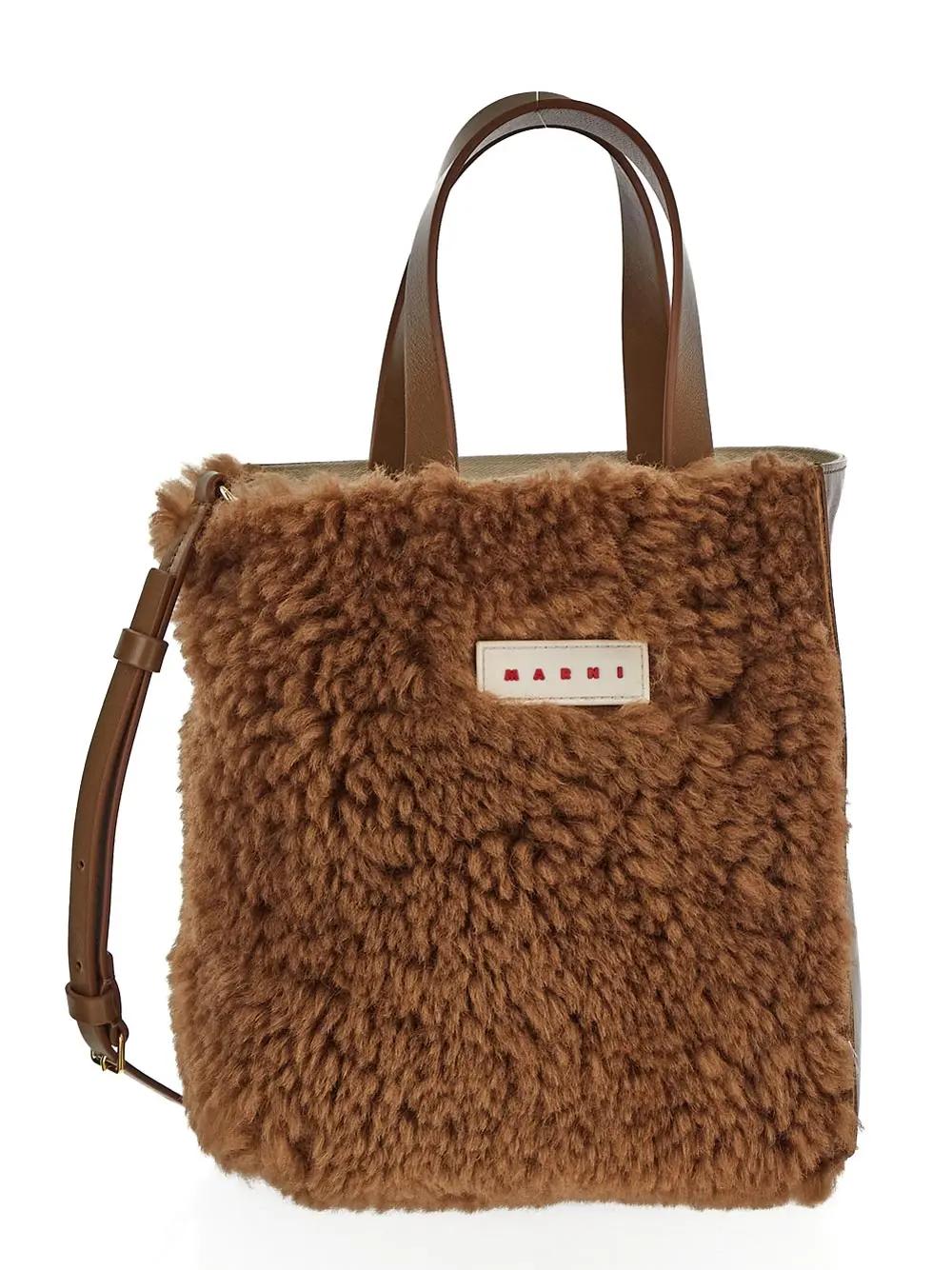 Marni Fur Small Tote Bag In Brown