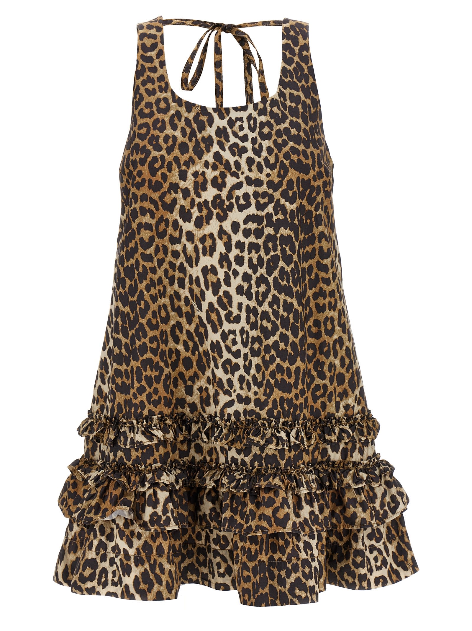 Ganni Leopard Cotton Poplin Mini Dress In Animal Print