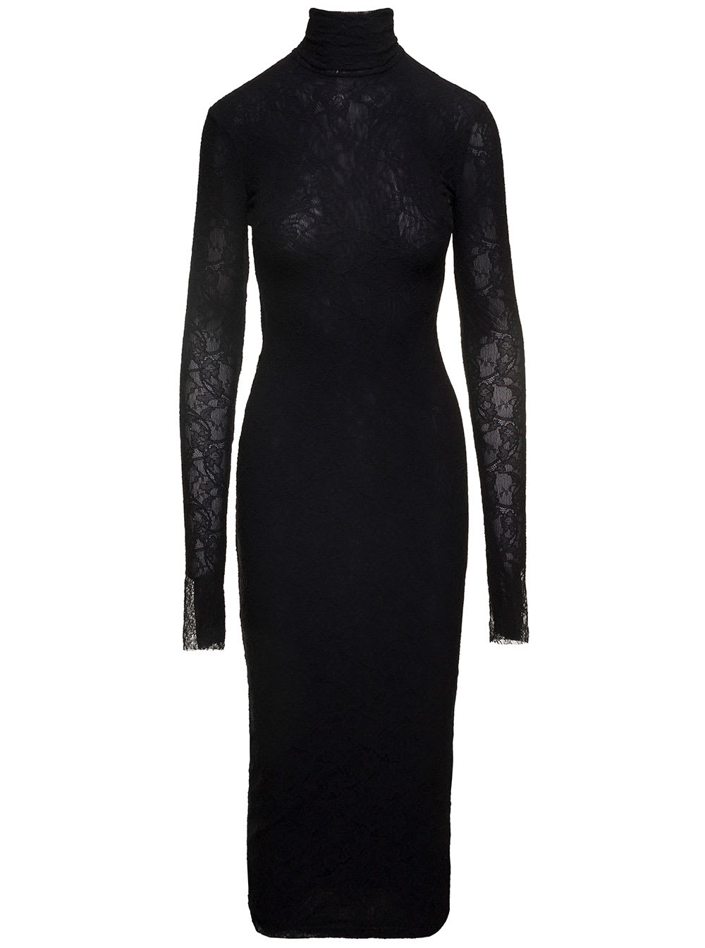 Philosophy Di Lorenzo Serafini Midi Black Fitted Dress With Mock Neck In Lace Woman In Black