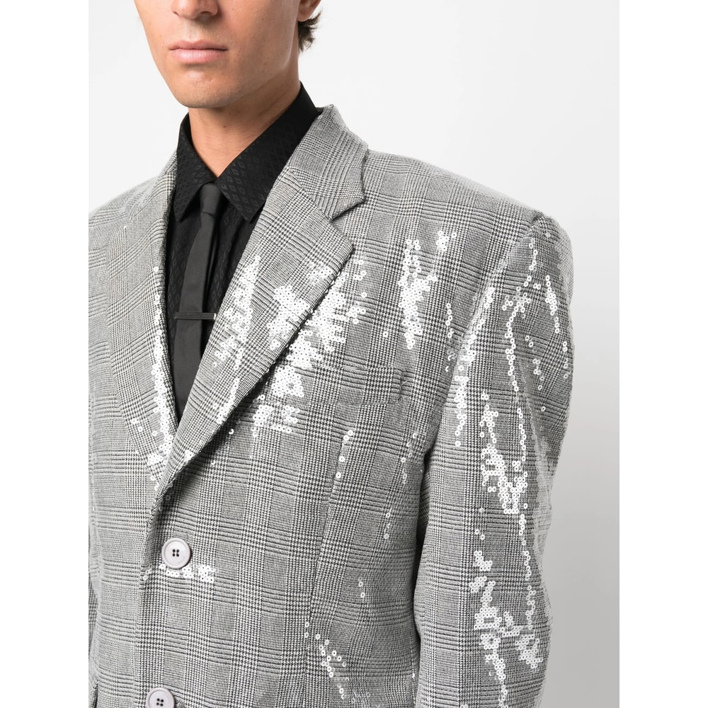 Vetements Sequin-embellished Checked Coat In Gray