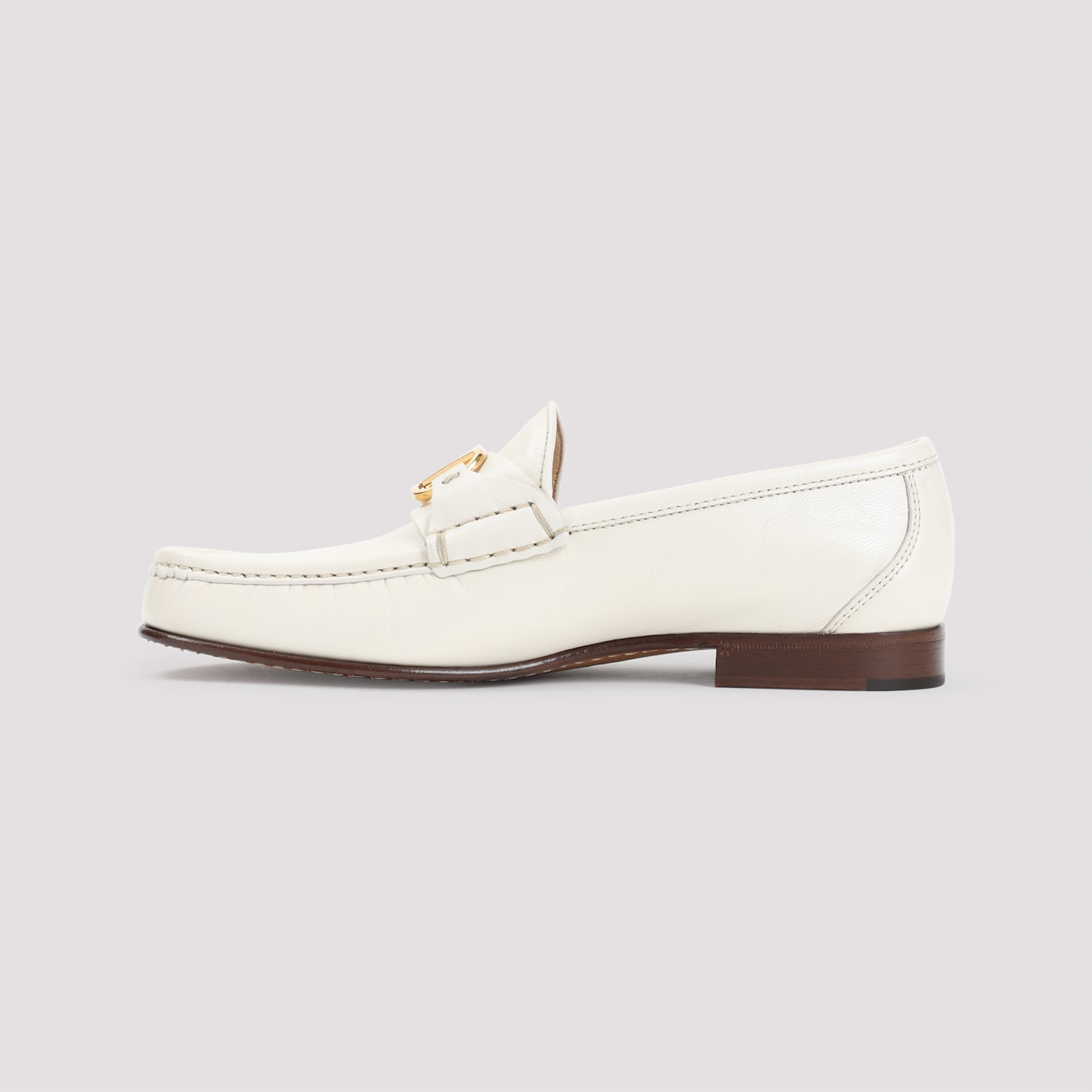 Valentino Ivory Leather Loafer With Golden Metal V Logo