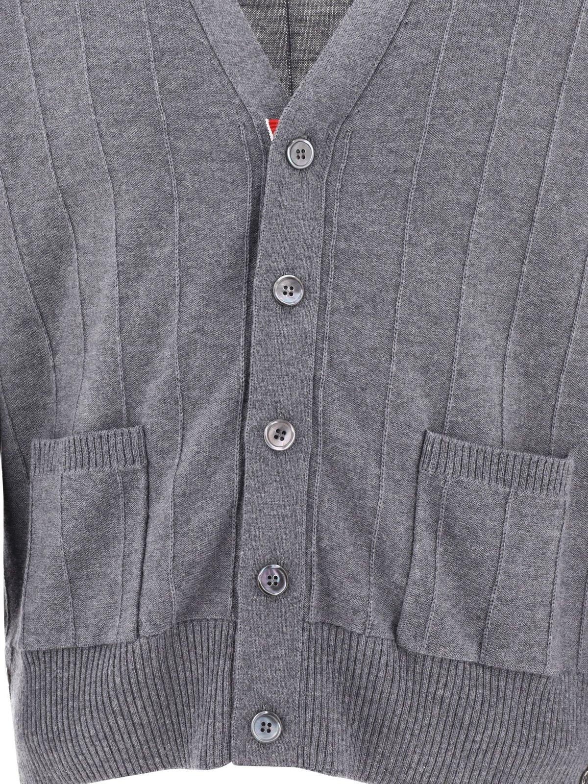 Shop Thom Browne Stripped Buttoned Cardigan In Med Grey