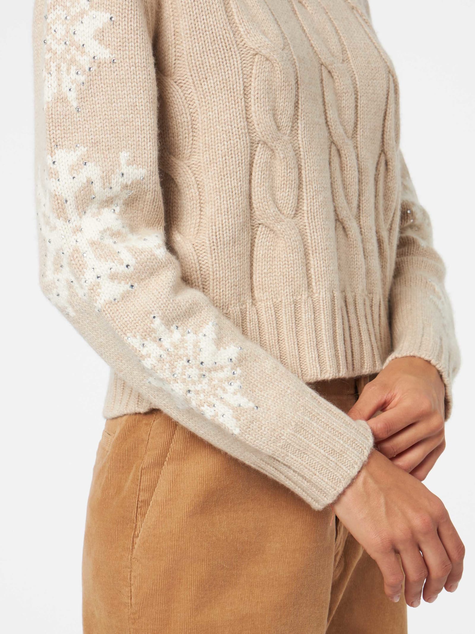 Shop Mc2 Saint Barth Woman Turtleneck Braided Sweater With Snowflake Rhinestones In Brown