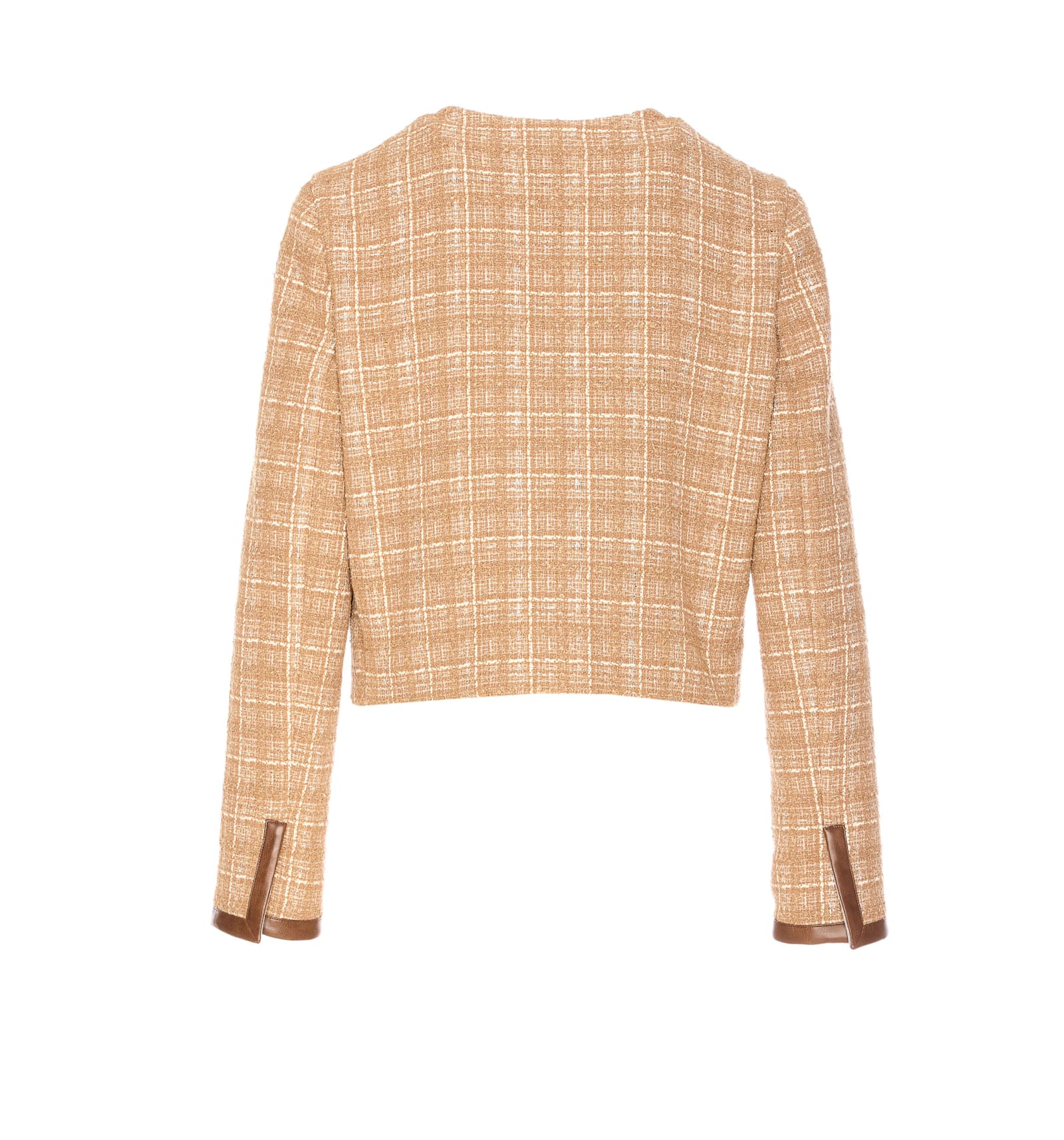 Pinko Small Open Jacket In Tweed And Imitation Leather In Beige