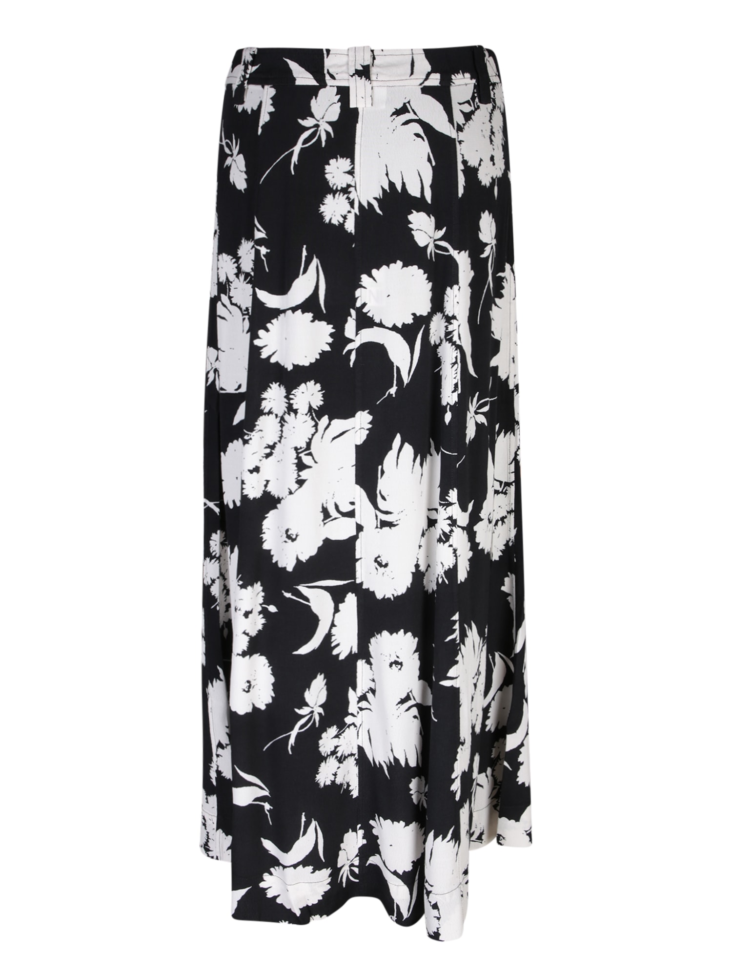 Shop Ganni Long Crepe Skirt With Black And White Print