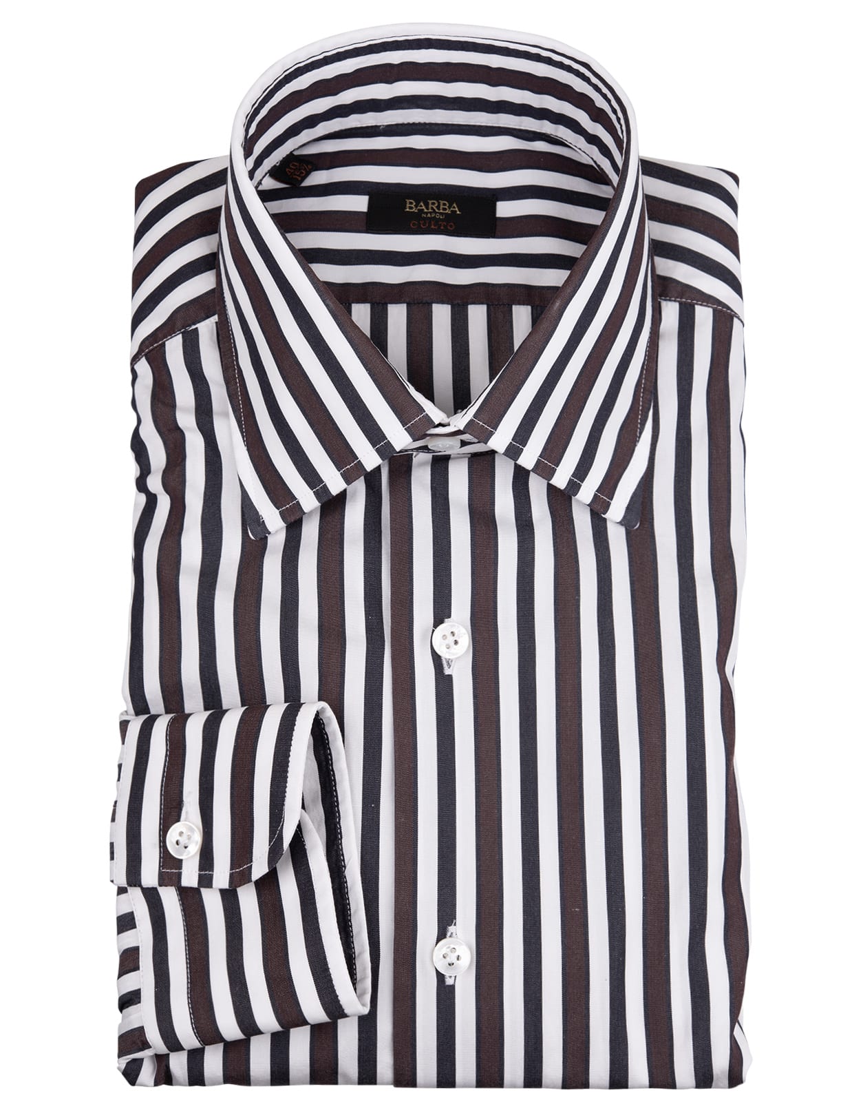 Barba Napoli Man White Cotton Shirt With Black And Brown Stripes Pattern