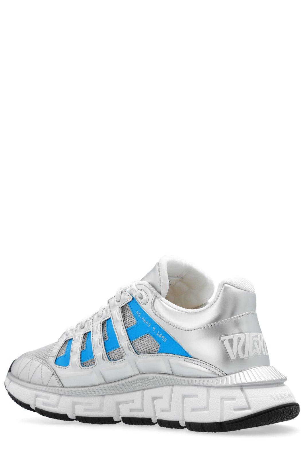 Shop Versace Trigreca Panelled Mesh Lace-up Sneakers In Silver Blue White (silver)