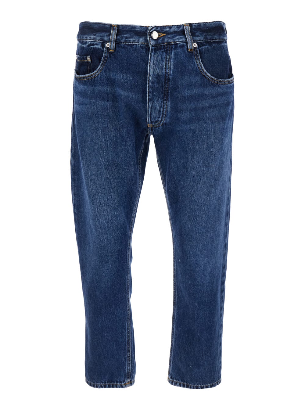 Blue Five Pocket Jeans With Logo Patch On The Back In Denim Man