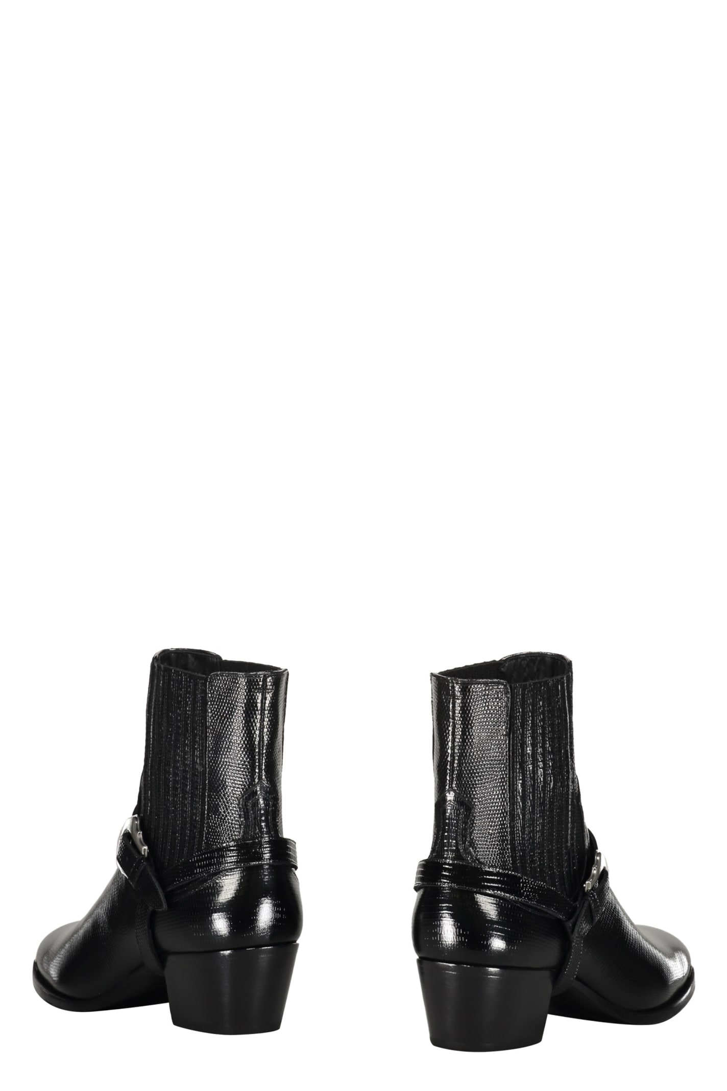 Celine Men Isaac Western Chelsea Boot With Harness And Metal Toe In Calfskin With Tejus Print Black