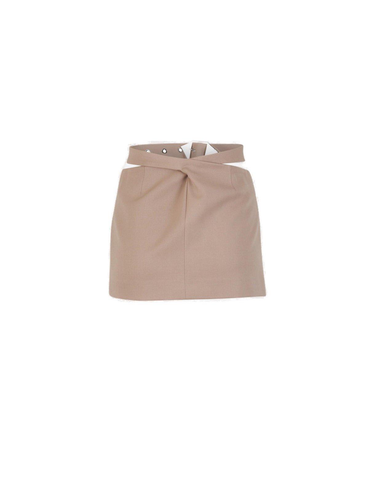 Shop Attico Mid-rise Asymmetric Belted Mini Skirt In Beige