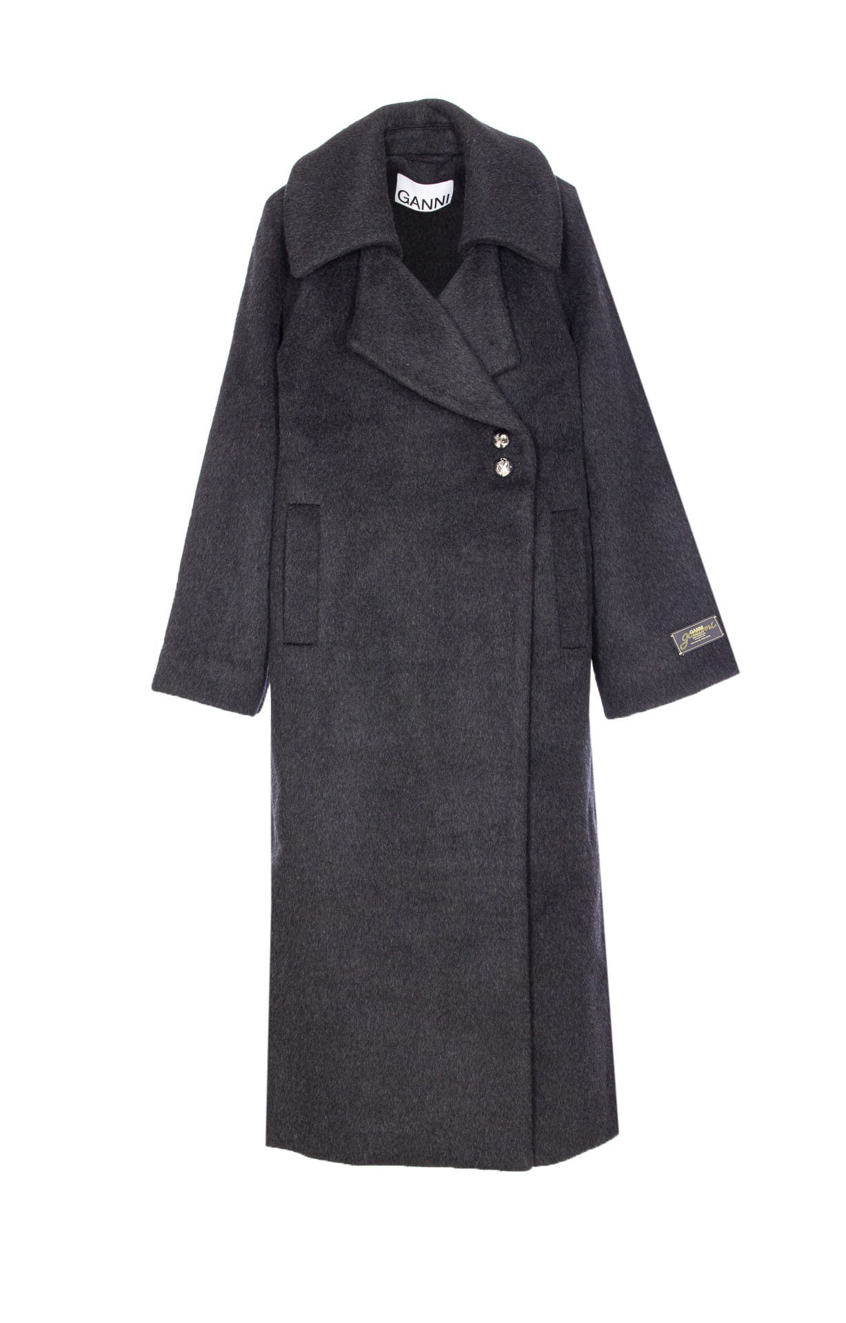 Ganni Double-face Wool Lace-up Coat In Black