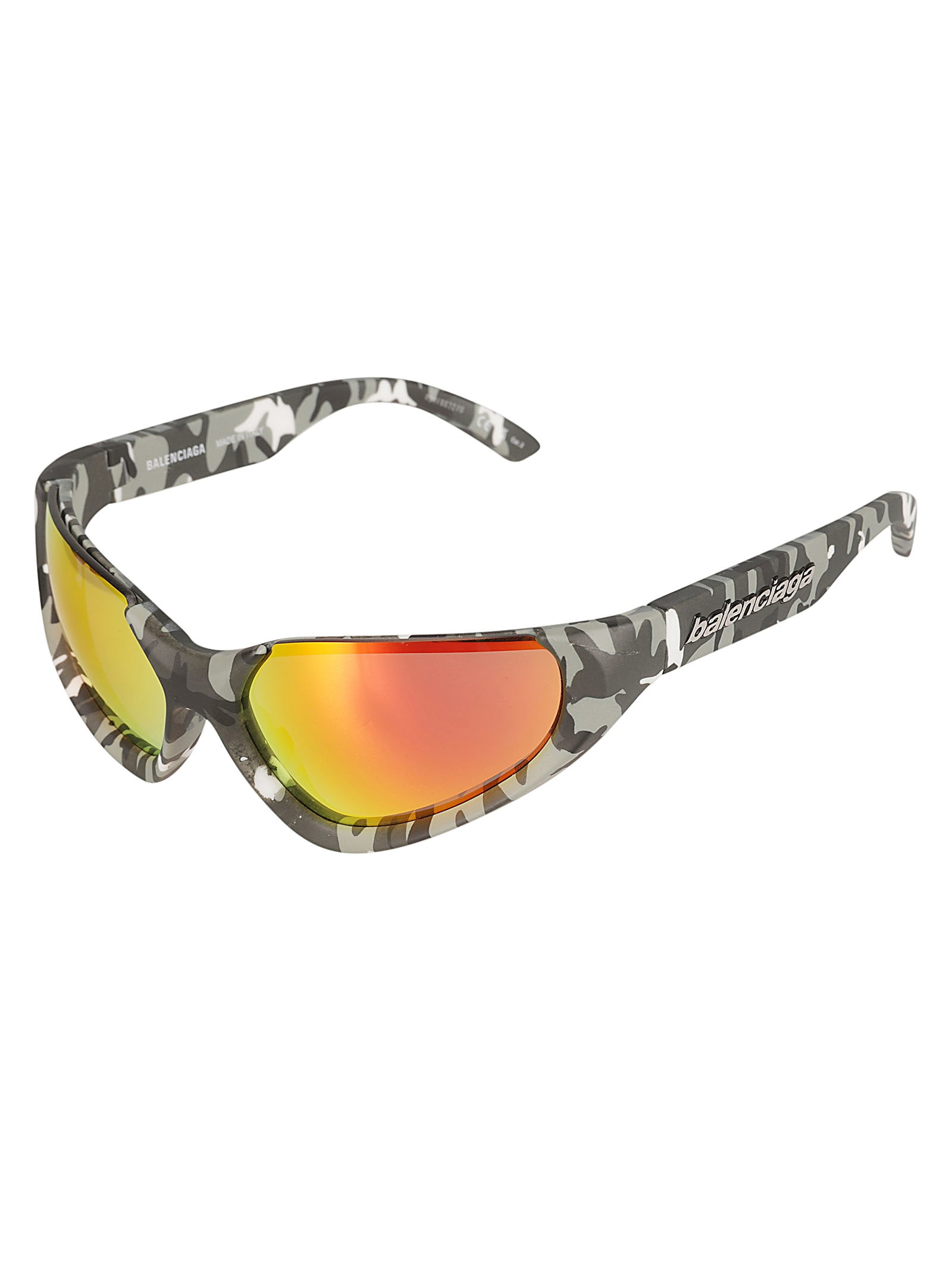 Shop Balenciaga Logo Embossed Camouflage Effect Sunglasses In Grey/red