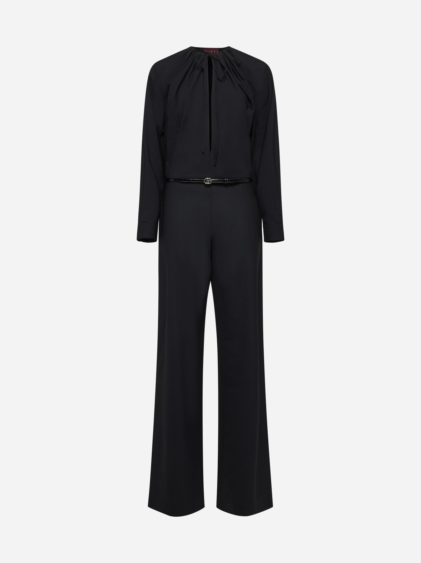 Shop Gucci Belted Wool Jumpsuit In Black