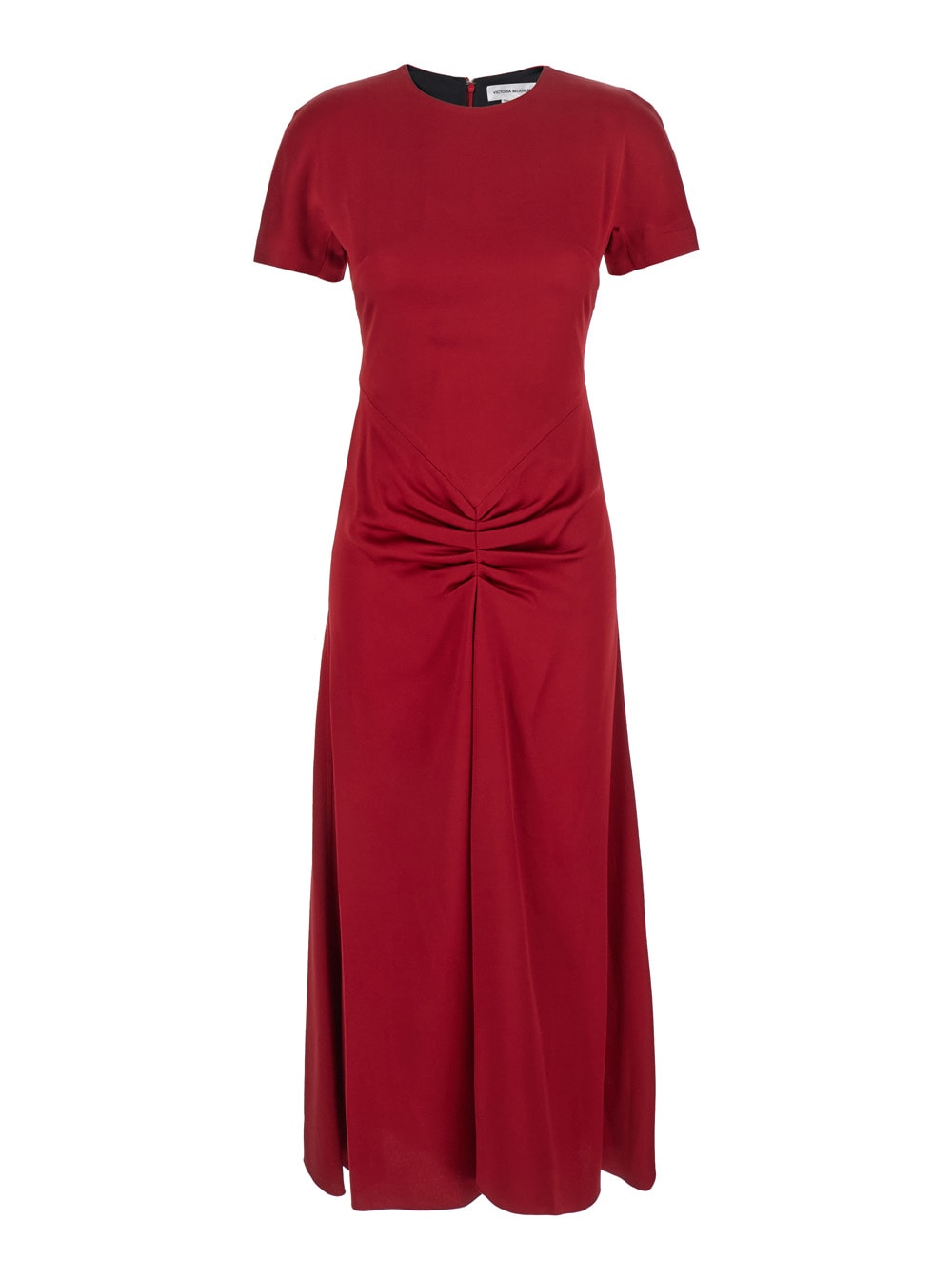 Red Crewneck Midi Dress With Gathered Waist And Rear Zip Closure In Viscose Blend Woman