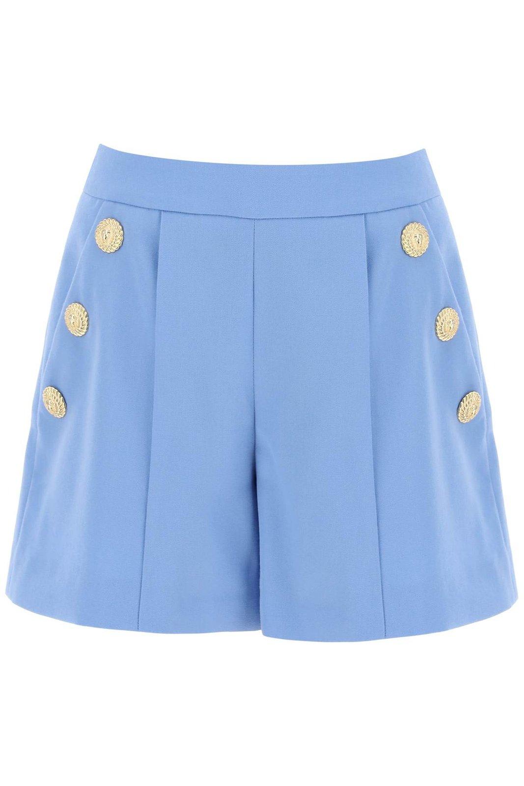 Shop Balmain Button Embellished Pleated Shorts In Azzurro