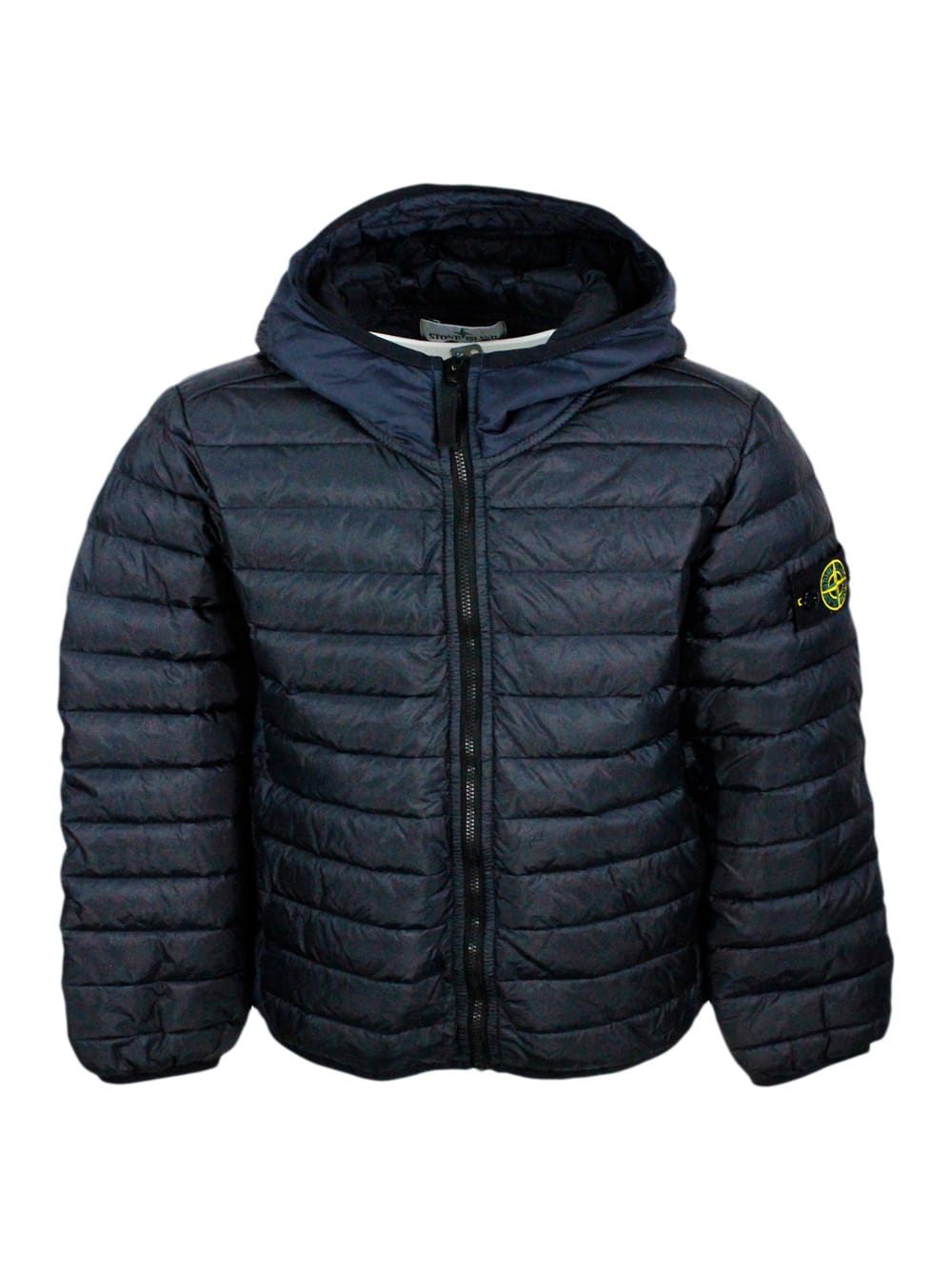 Stone Island Kids' 100 Gram Padded Down Jacket Made Of Recycled Crunchy Nylon. Zip Closure, Hood And Logo On The Sleeve In Blu
