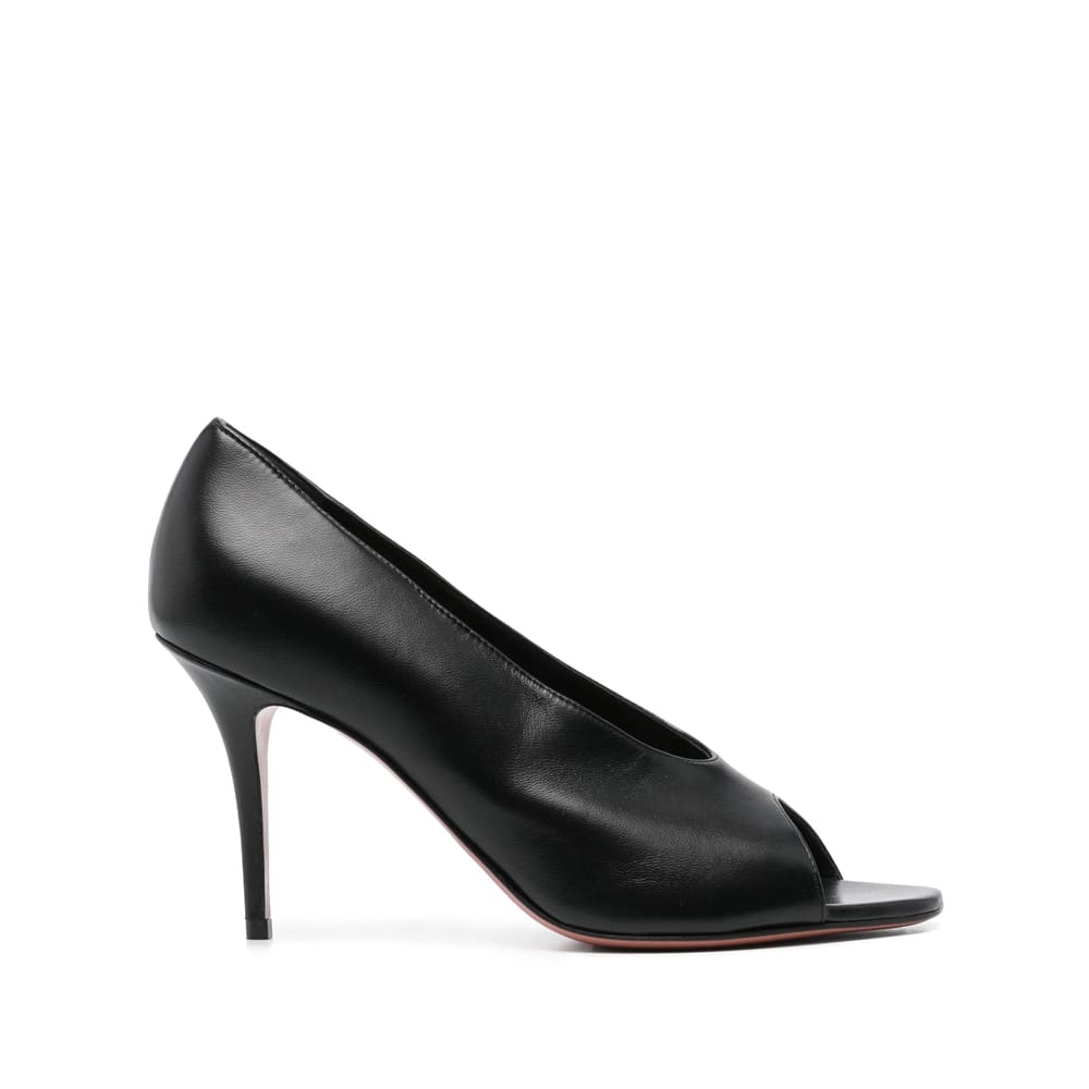 Amina Muaddi Black Calf Leather Bos Taurus Stiletto Heel Sandals In Black