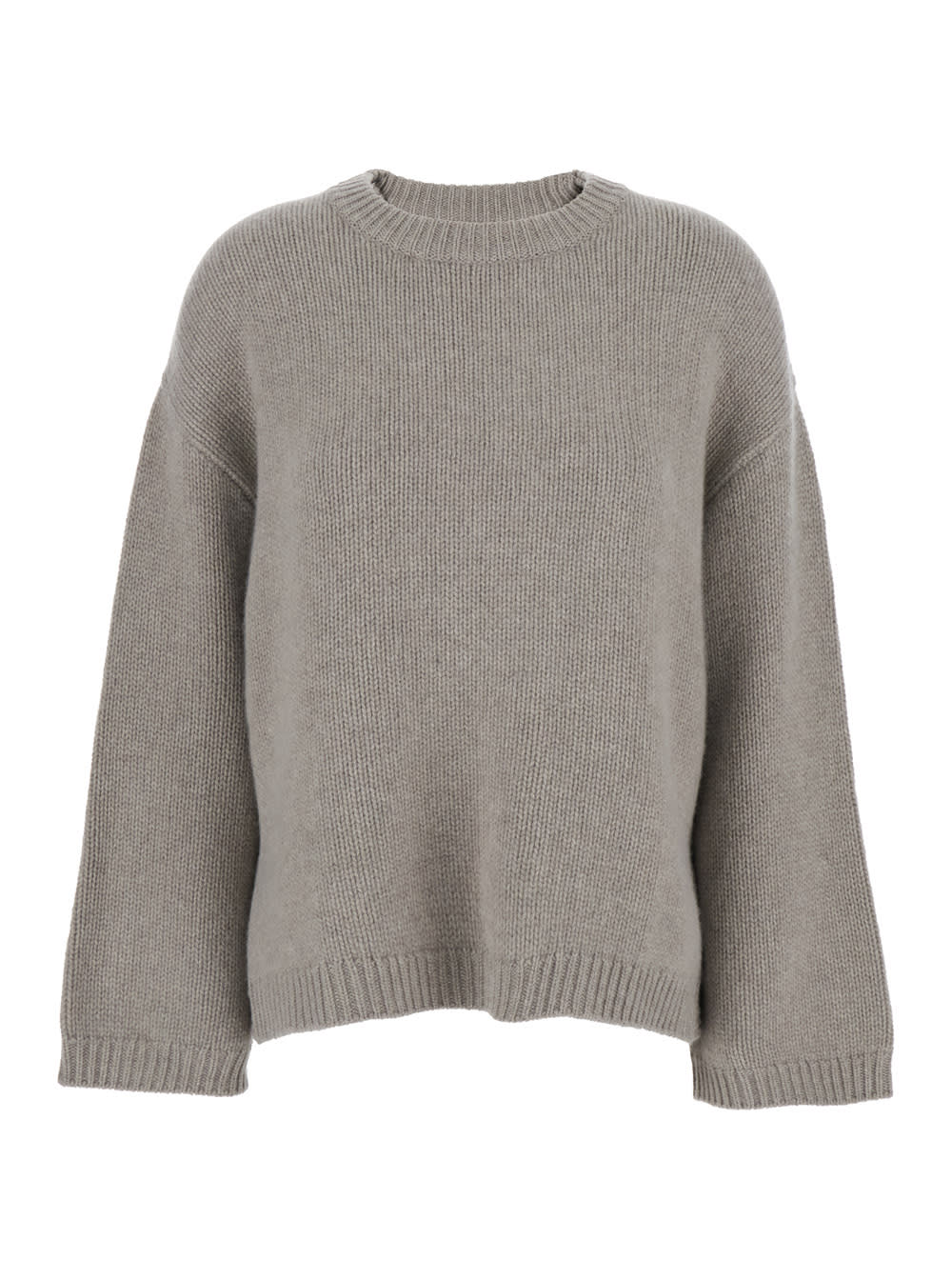 Grey Crewneck Knit Sweater With Dropped Shoulders In Cashmere Woman