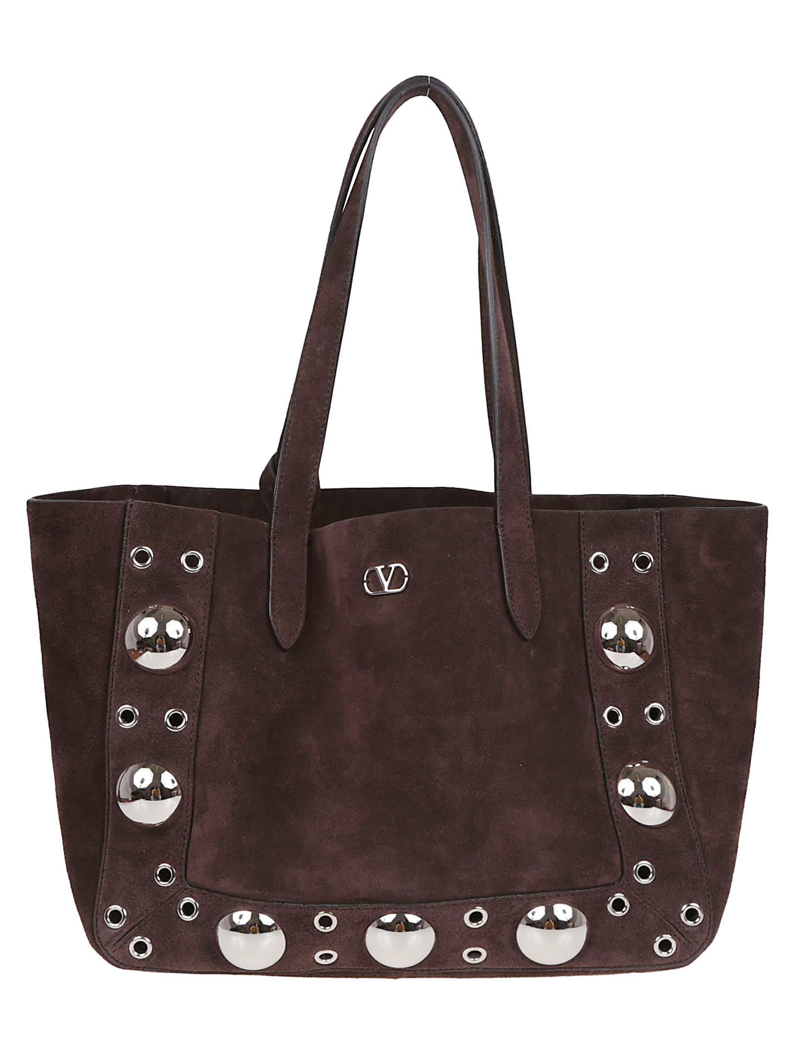 Valentino Garavani Medium Brown Leather Tote With Ball Studs And Eyelet Details