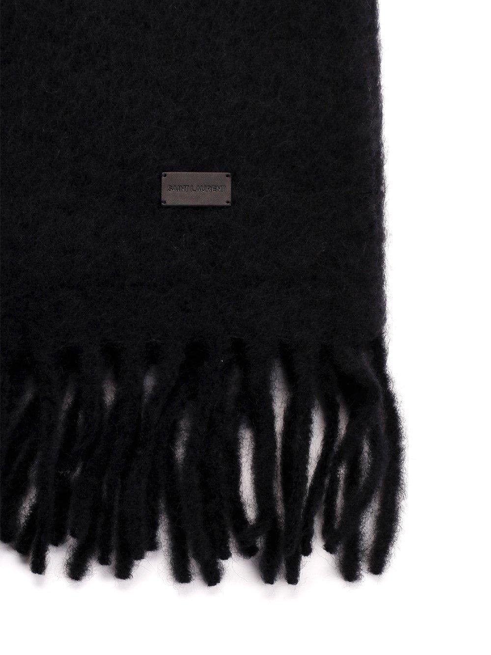 Shop Saint Laurent Logo Plaque Fringed Scarf In Black