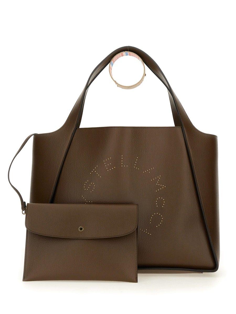 Shop Stella Mccartney Logo Studded Open-top Tote Bag In Brown