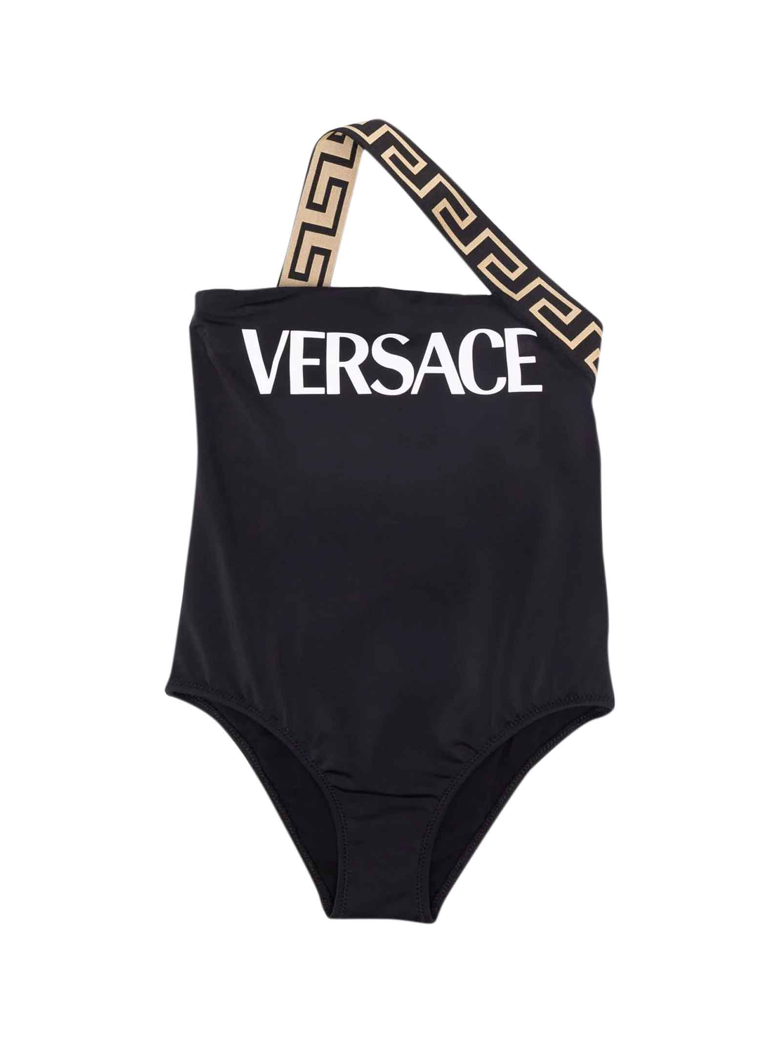 Versace Black Swimsuit With Greca Print And Logo Kids