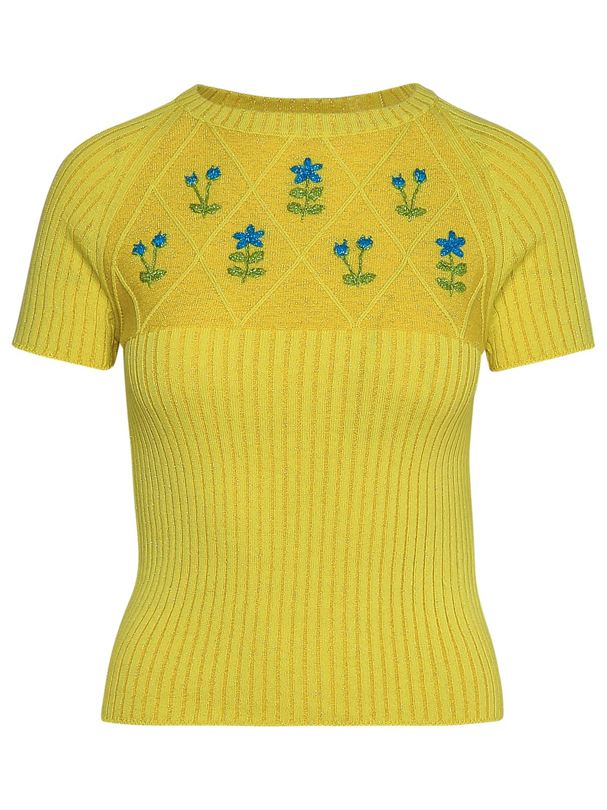 Cormio Diamond Embroidered Ribbed Metallic Cotton-blend Top In Yellow