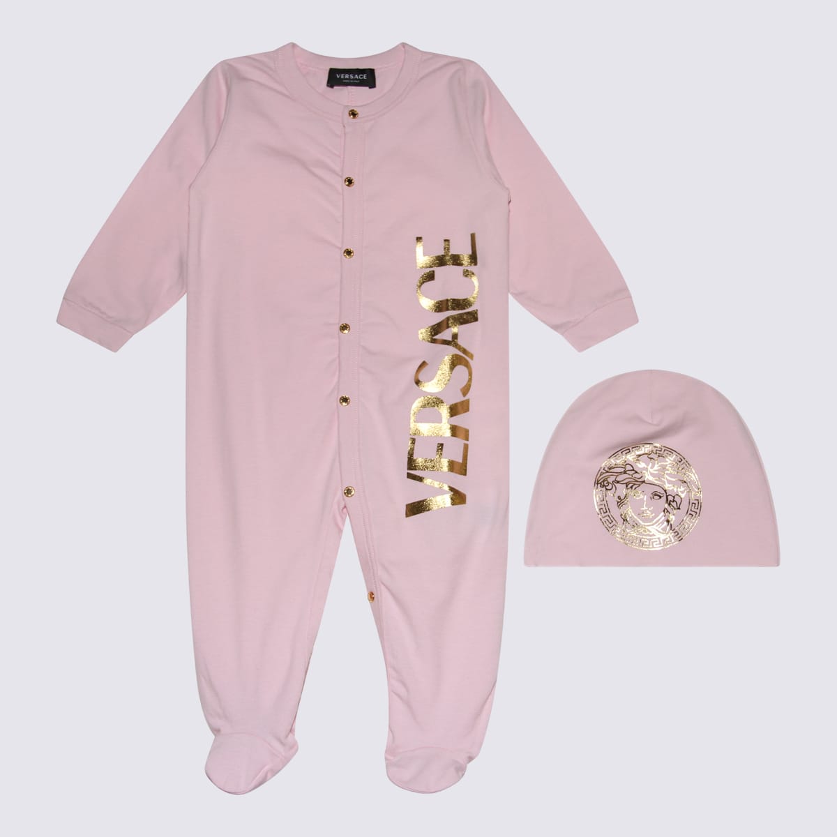 Versace Baby Pink And Gold Cotton Jumpsuit In Baby Pink/gold