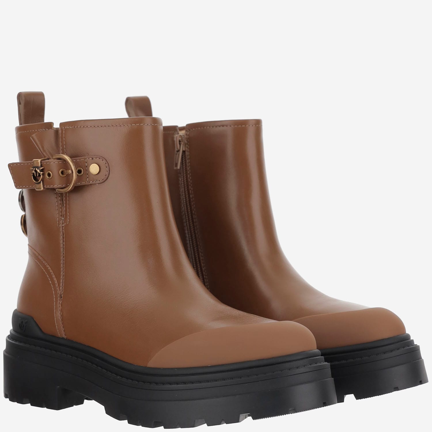 Pinko Buckle-detail Logo-plaque Ankle Boots In Brown