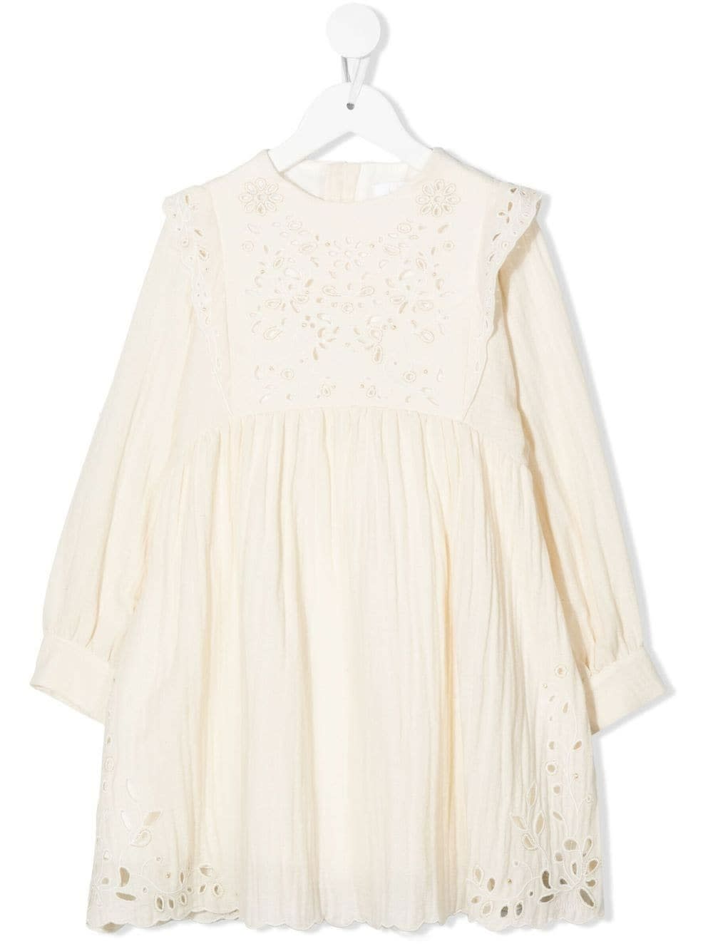Chloé Kids Ivory Dress In Cotton And Wool With Embroidery