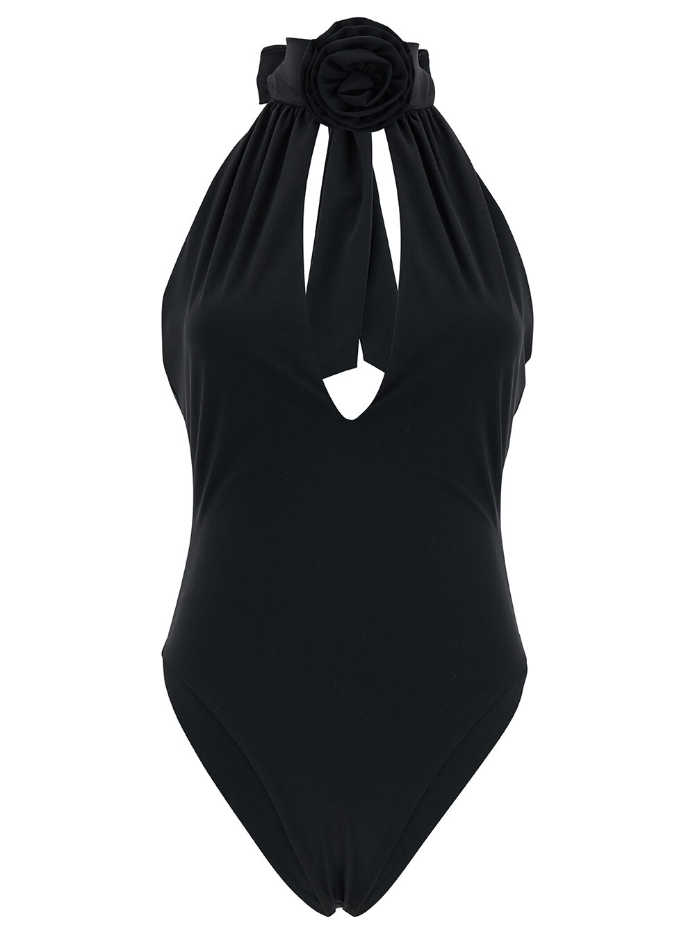 Black One-piece Swimsuit With Rose Application In Polyamide Woman
