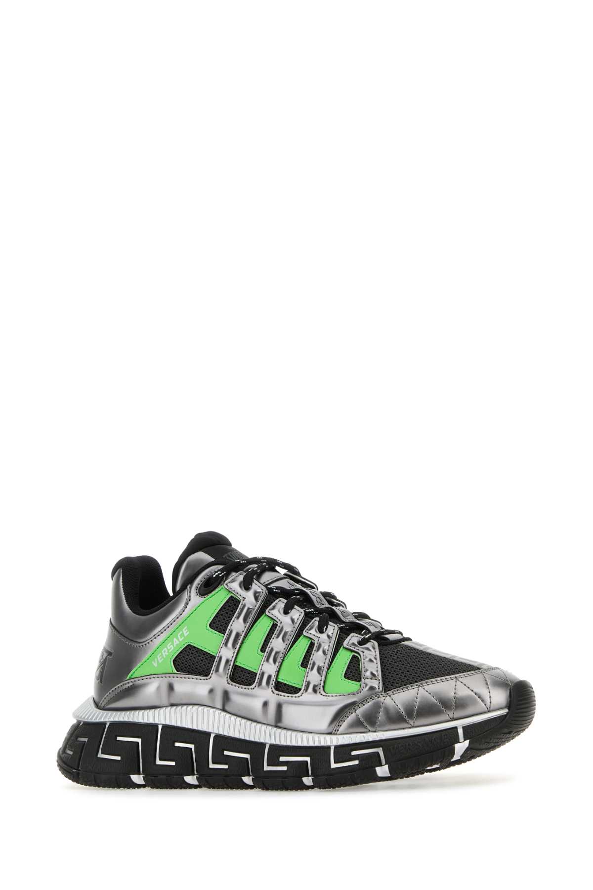 Shop Versace Multicolor Fabric And Leather Trigreca Sneakers In Anthracitegreenblack