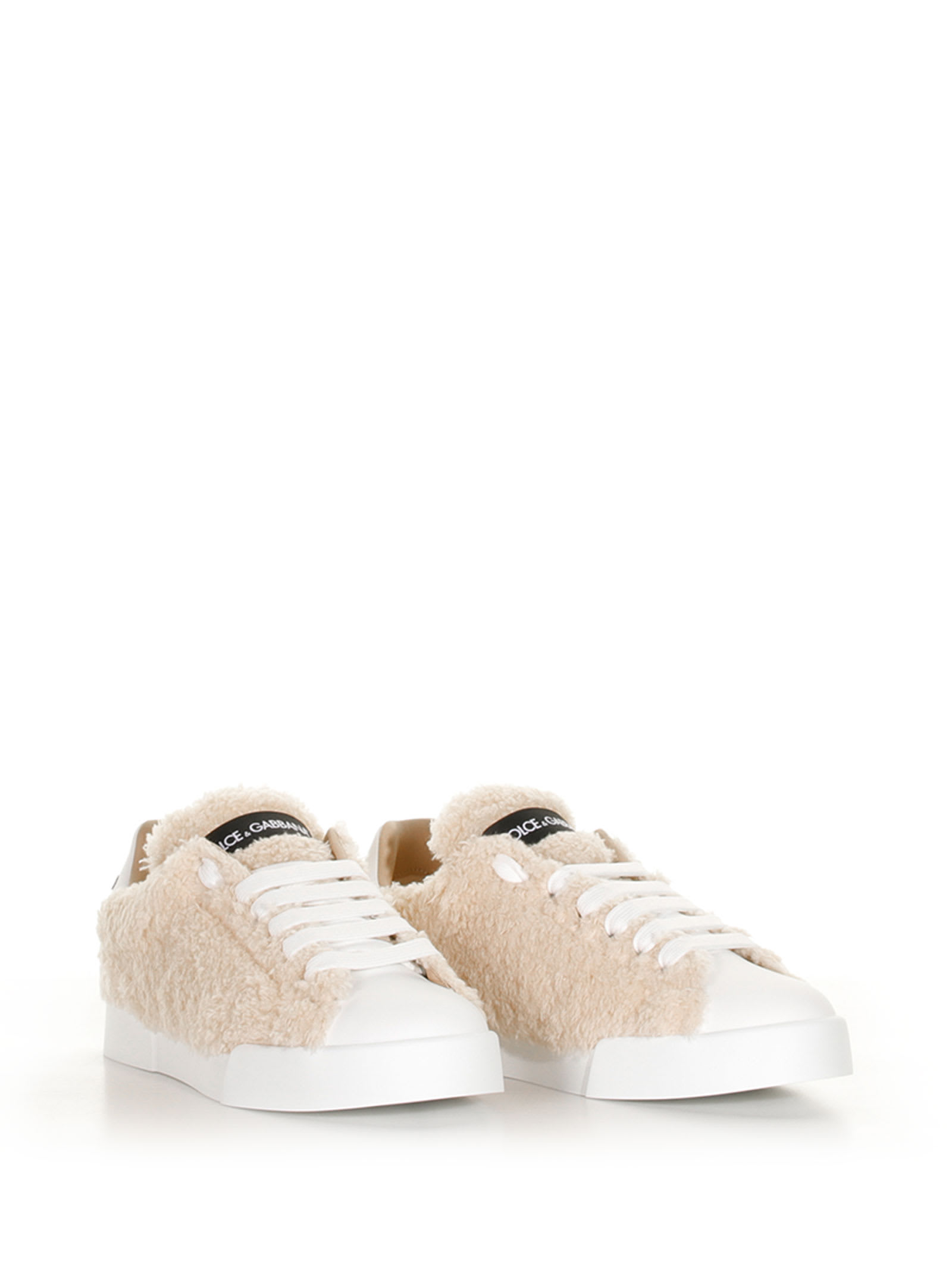 Dolce & Gabbana Portofino Sneaker In Faux Fur In Caffe Bianco