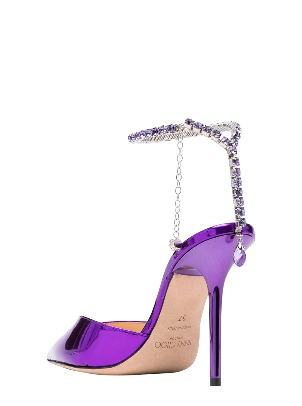 Shop Jimmy Choo Saeda Purple Pointed And Closed Toe Sandals With Rhinestone Chain In Metallic Leather Woman In Violet
