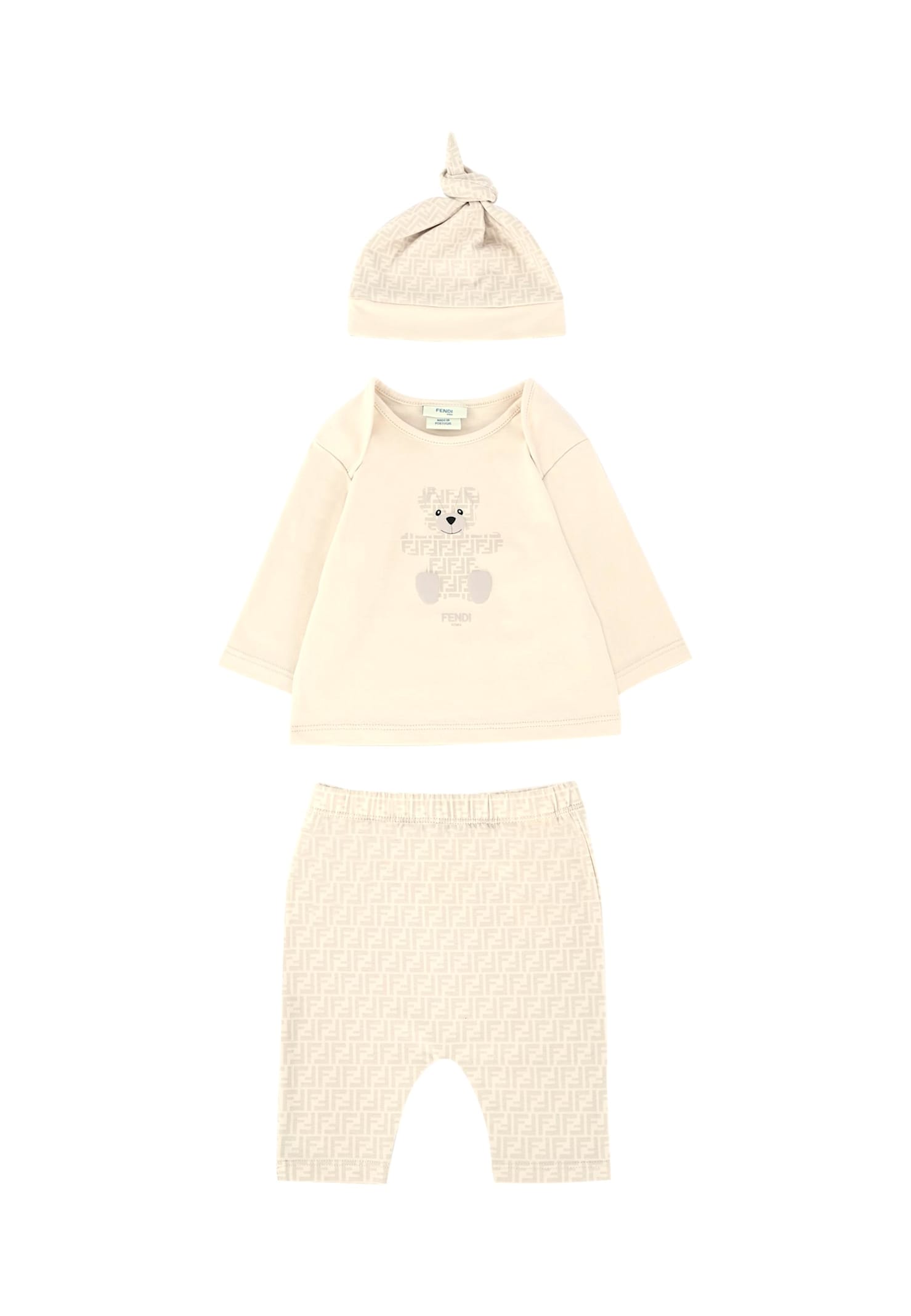Fendi Beige Birth Set For Babykids With Teddy Bear In Neutral