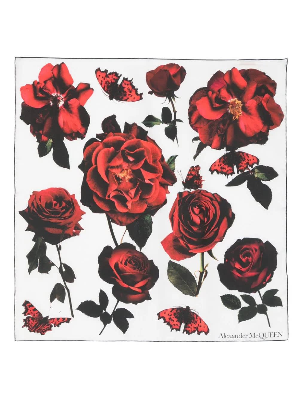 Shop Alexander Mcqueen White Silk Scarf With Red Roses Print