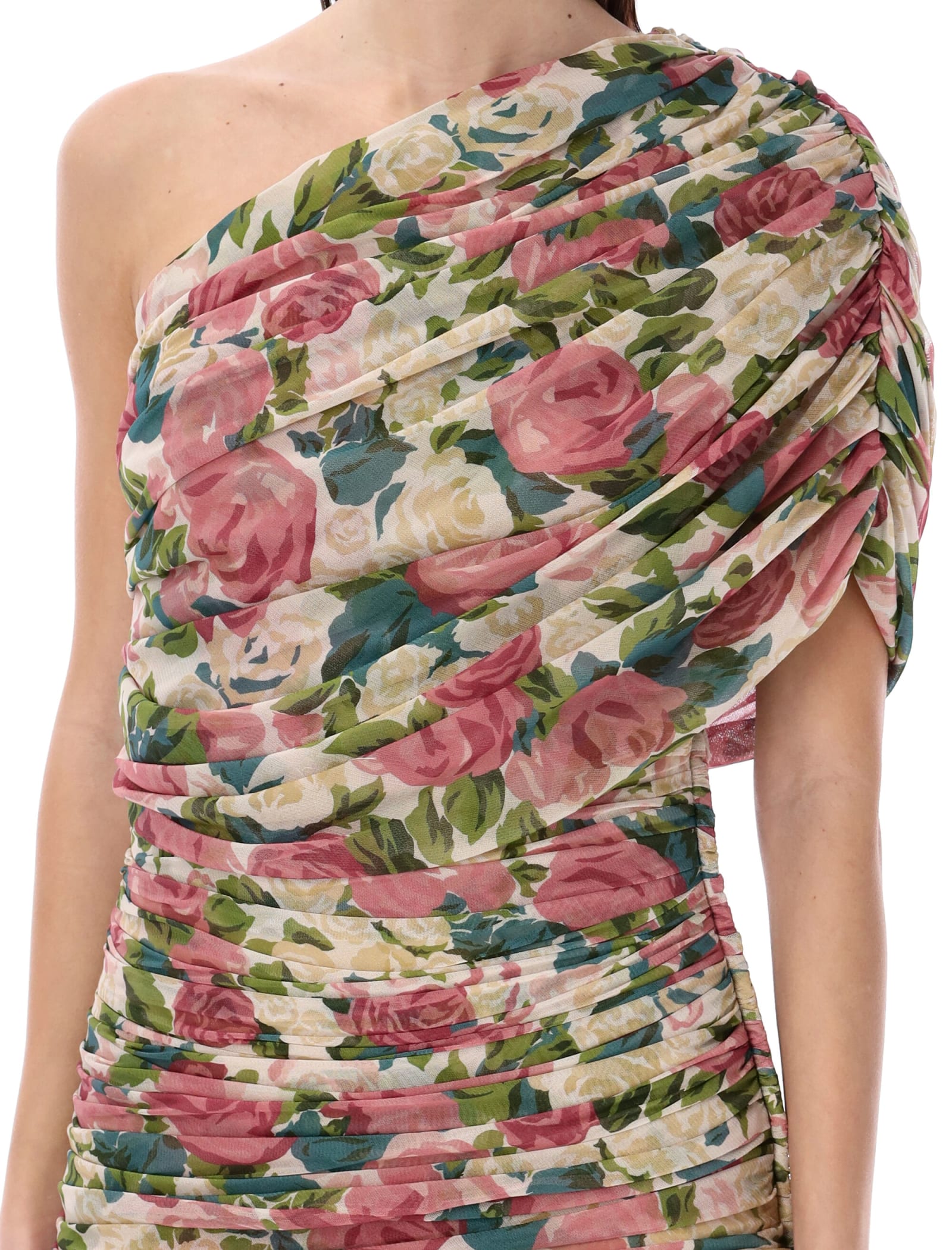 Saint Laurent Pink One Shoulder Mini Dress In Techno Fabric Woman In Multicolor