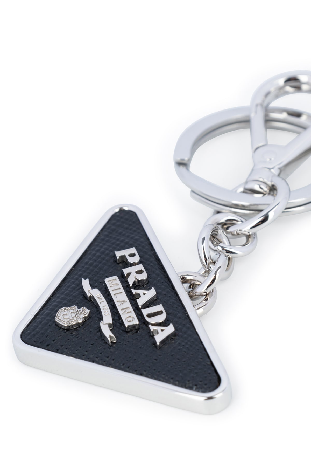 Prada Men Saffiano Leather And Metal Keychain
