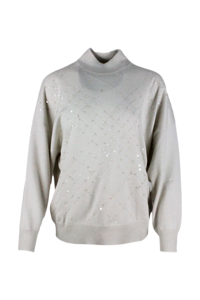 Brunello Cucinelli Oversized Turtleneck Sweater In Cashmere With Window Embroidery With Applied Sequins