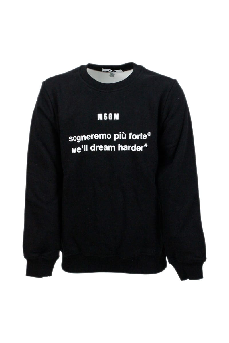 Msgm Kids' Long-sleeved Crewneck Sweatshirt In Cotton With Writing In Black
