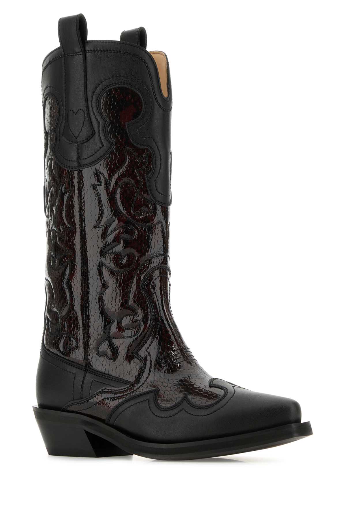Ganni Embroidered Western Boots Women In Blackdarkburgundy