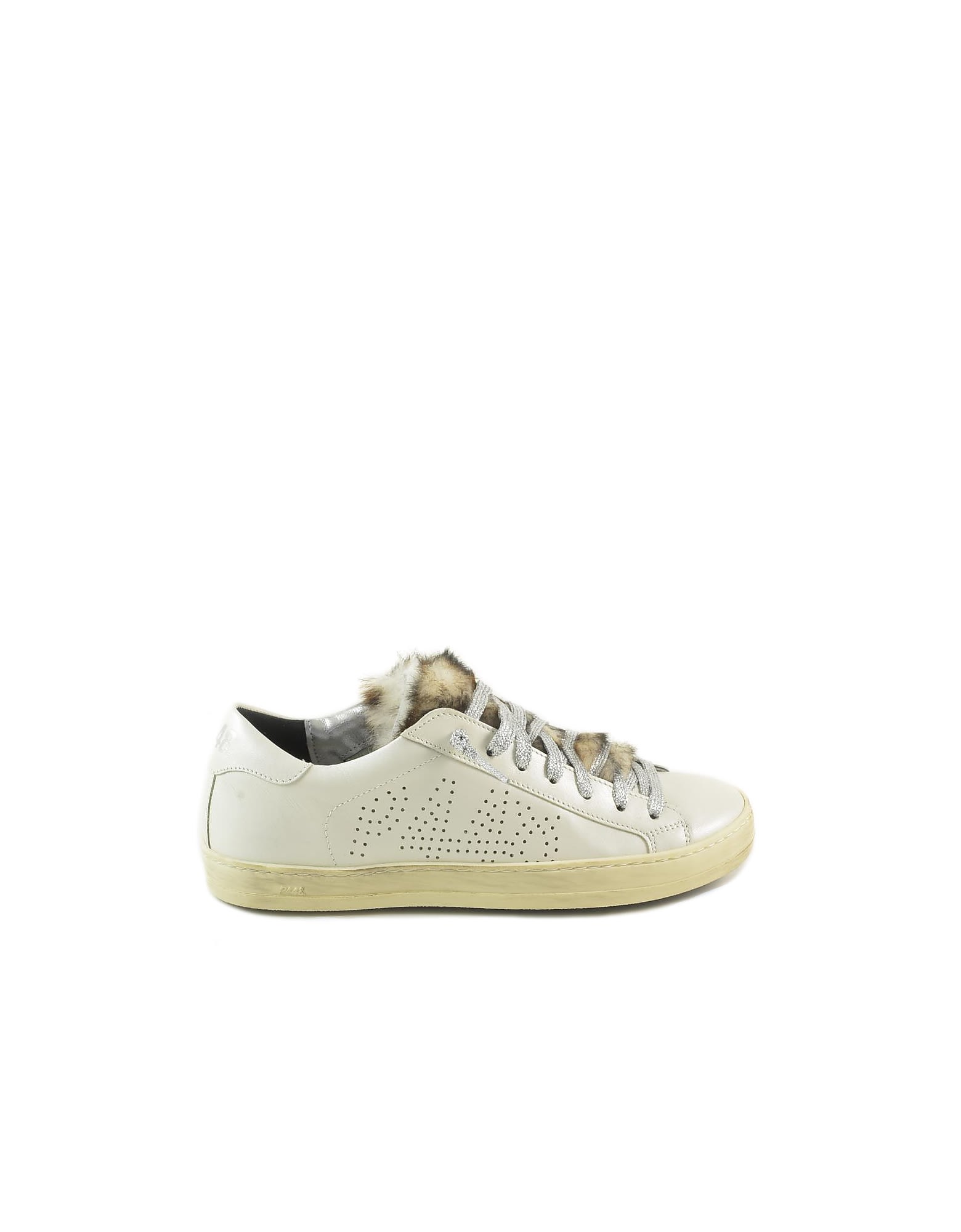 P448 White Leather And Eco-fur Womens Flat Sneakers