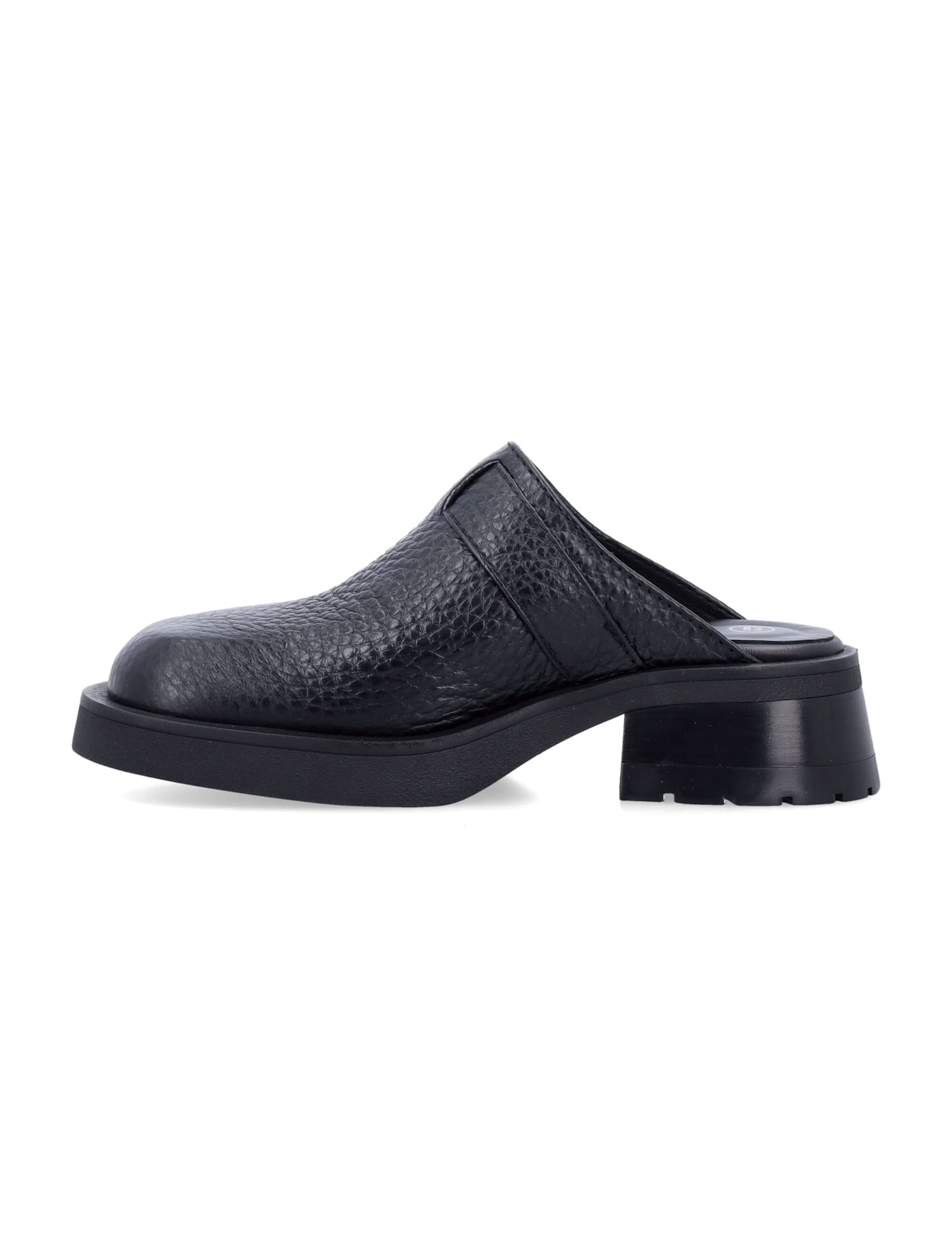Miista Buckle Chunky Heel Open Back Leather Mules In Black