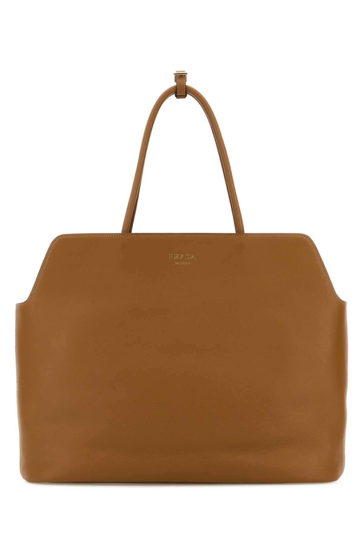 Prada Leather Shopping Bag With Structured Shape And Top Handles In Brown